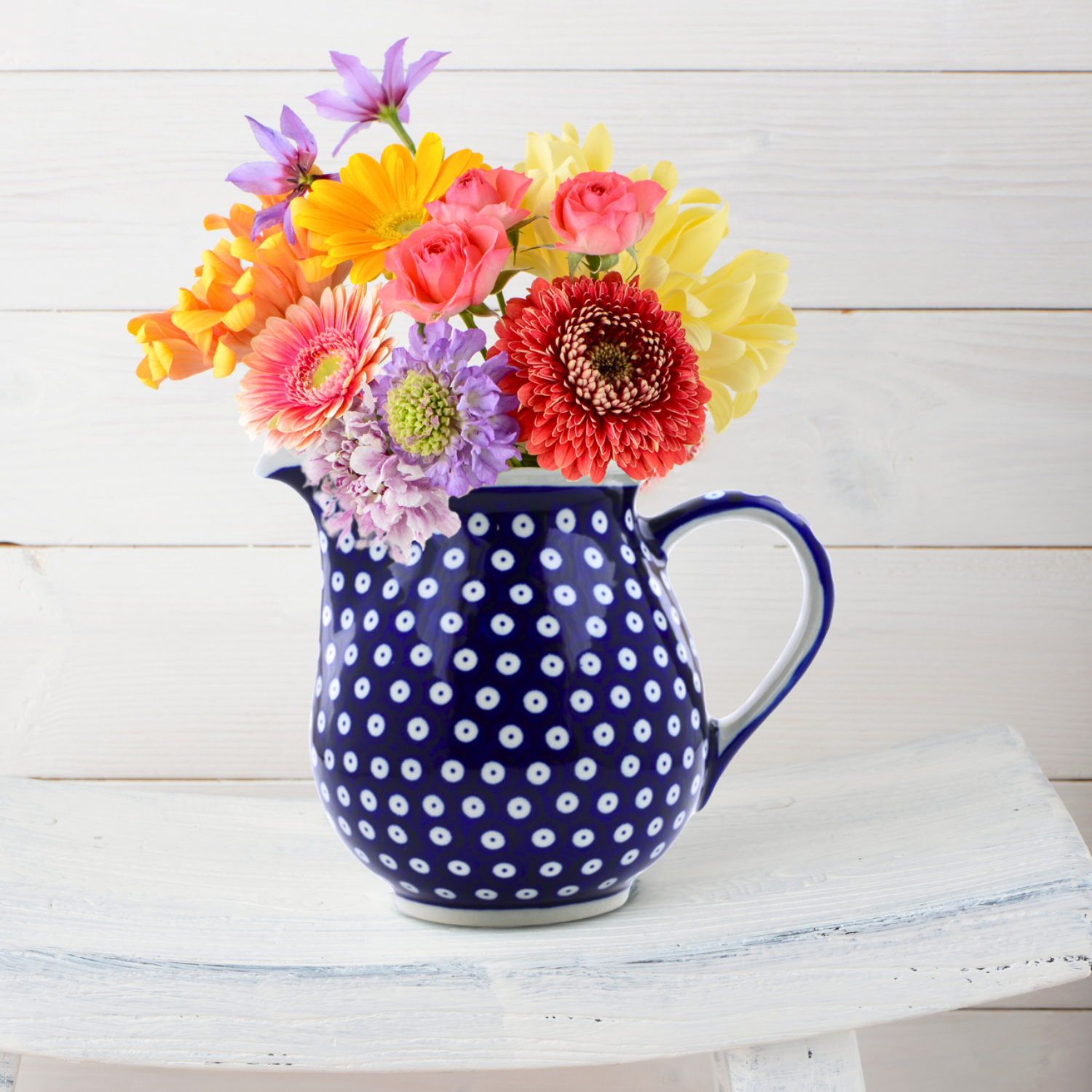 7 Cup "Blue Eyes" Polish pottery pitcher by Zakłady